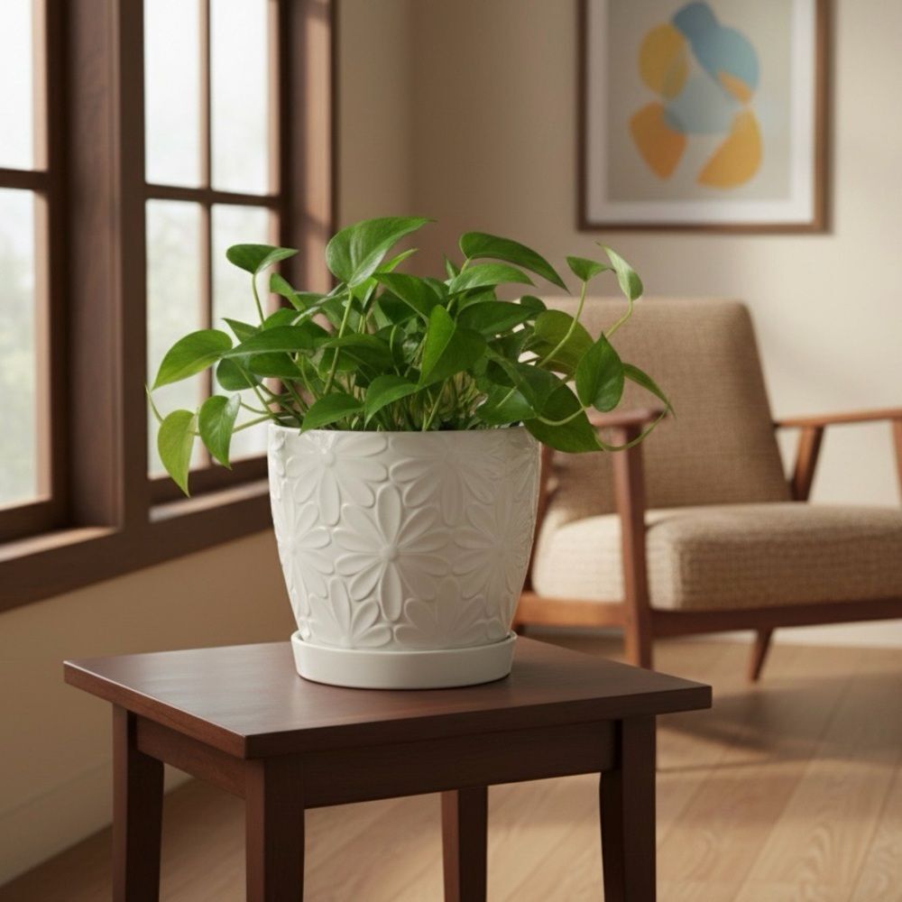 Elegant White Ceramic Planter with Embossed Leaf Design | 6.5" Barrel Pot